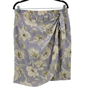 Vintage Silk Faux‎ Wrap Skirt L Lavender Cream Floral Elastic Waist Tea Length